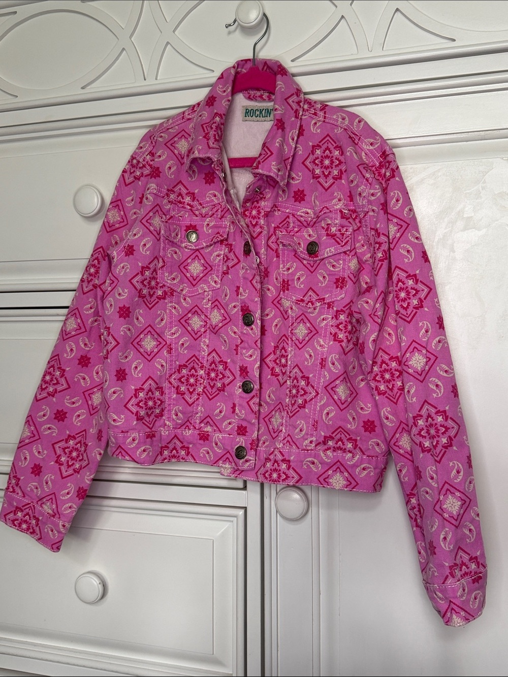 Girls' Pink Bandana-Print Jean Jacket